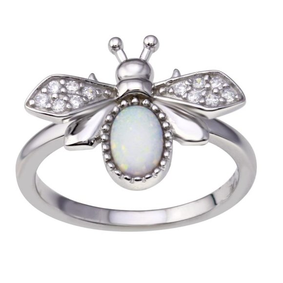 Sterling Silver 925 Rhodium Plated Simulated Opal Bee Ring
